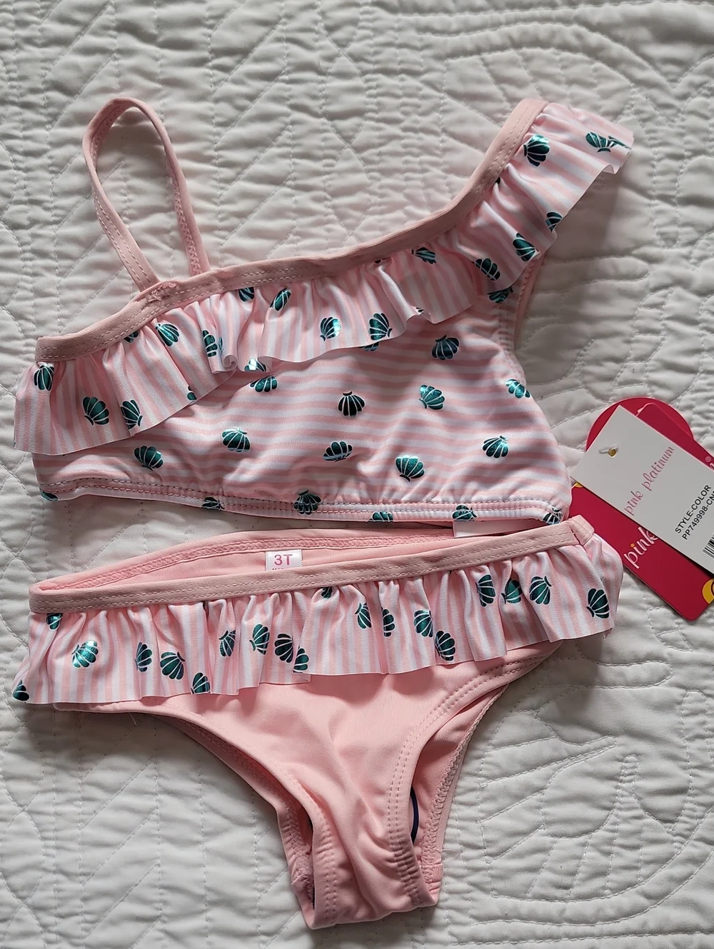 Pink Platinum Pink Ruffle Teal Metallic Seashell Print Girls Bikini